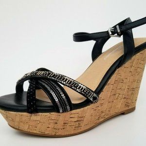 New Black Beaded Platform Cork Wedges Sandals